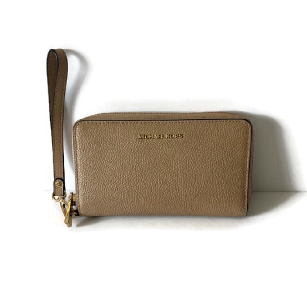 Michael Kors Taupe Pebbled Leather Wristlet Wallet Phone Case with Gold Hardware